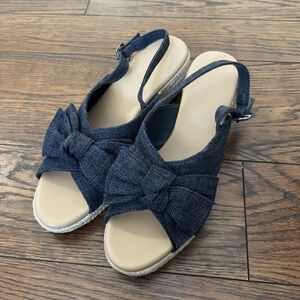 Coutgo Women's Navy Blue Platform Sandals Bow Wedge Heel Slingback Size 8.5